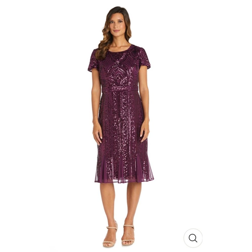 NWT R & M Richards Plum Midi Length Mesh Sequin Dress w/ Godet Insets Size 8